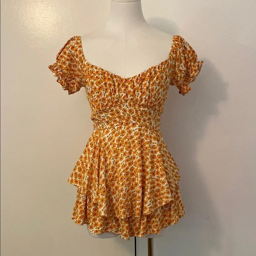 Saints and Secrets Yellow Floral Mini Playsuit / Romper Size Small - Picture 3 of 13